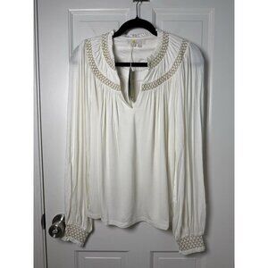 Boden Smocked Yoke Metallic Top Size IS 10 Ivory & Gold NWT T1069 IVO